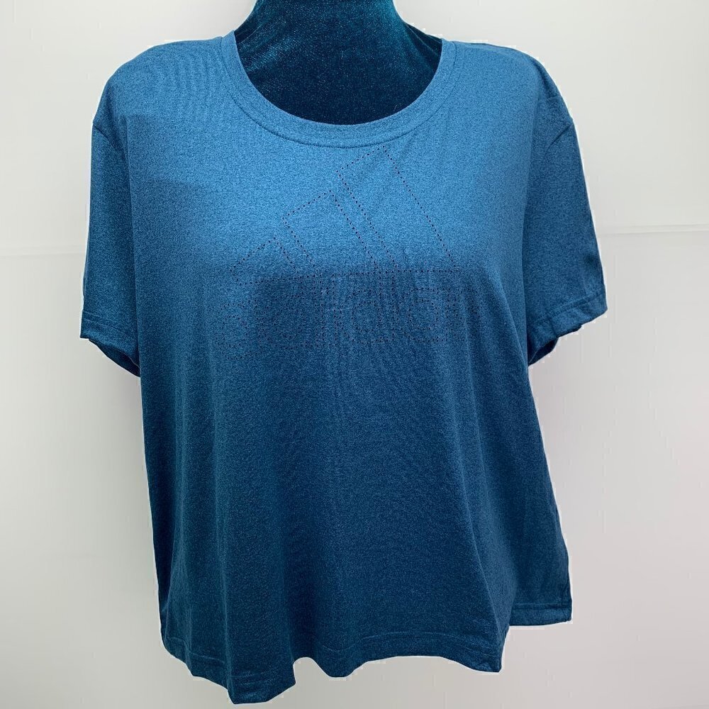 Adidas T Shirt Size XL Laser Pierced Spell Out Logo Crop Tee Blue Short Sleeve